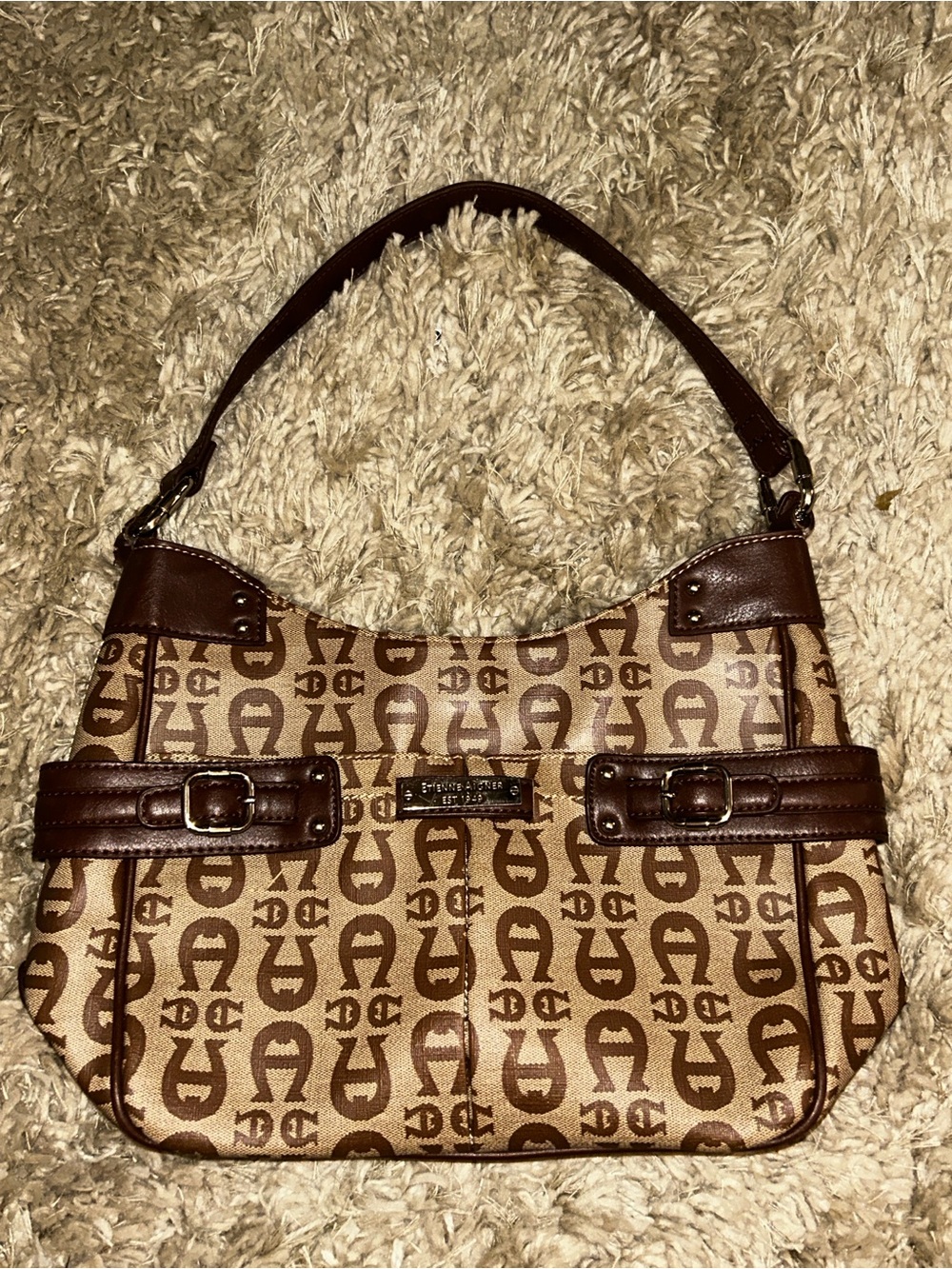 Etienne Aigner Brown Monogram Shoulder Bag with Dark Brown Trim